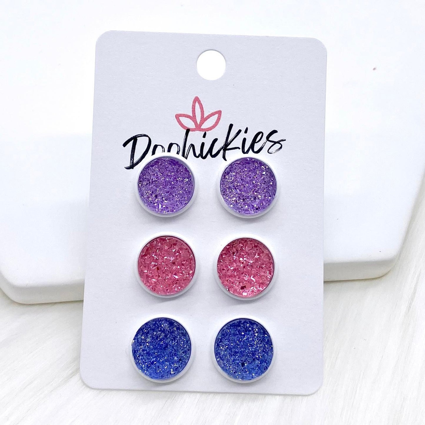 12mm Lilac/Pink/Orchid Sparkles in White Settings -Earrings by Doohickies Wholesale