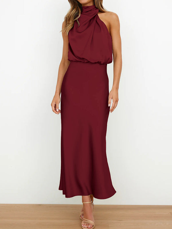 Sleeveless Solid Color Halter-Neck Midi Dresses by migunica