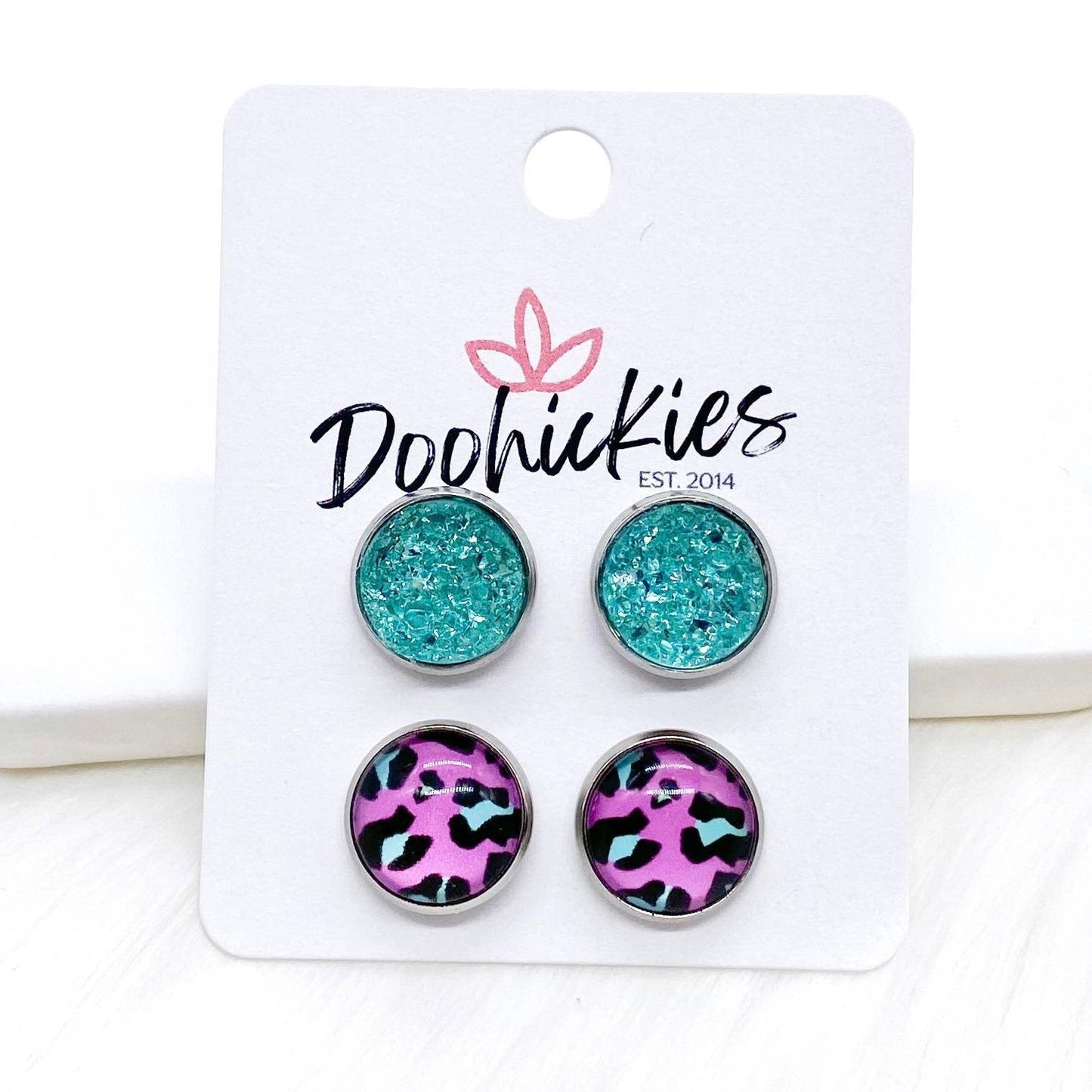 12mm Neon Leopard Duos in Stainless Steel Settings -Summer Earrings by Doohickies Wholesale