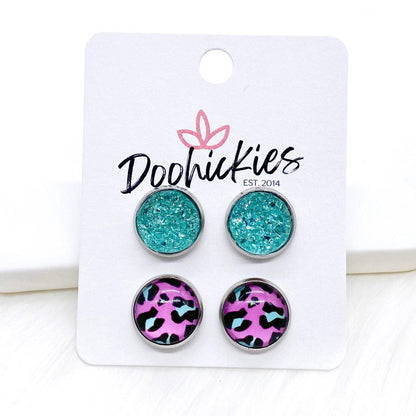 12mm Neon Leopard Duos in Stainless Steel Settings -Summer Earrings by Doohickies Wholesale