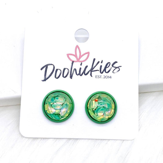 12mm Green Petals in Green Settings -Earrings by Doohickies Wholesale