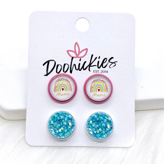 12mm Boho Mama & Robin Egg Shimmer in Pink/White Settings -Boho Earrings by Doohickies Wholesale