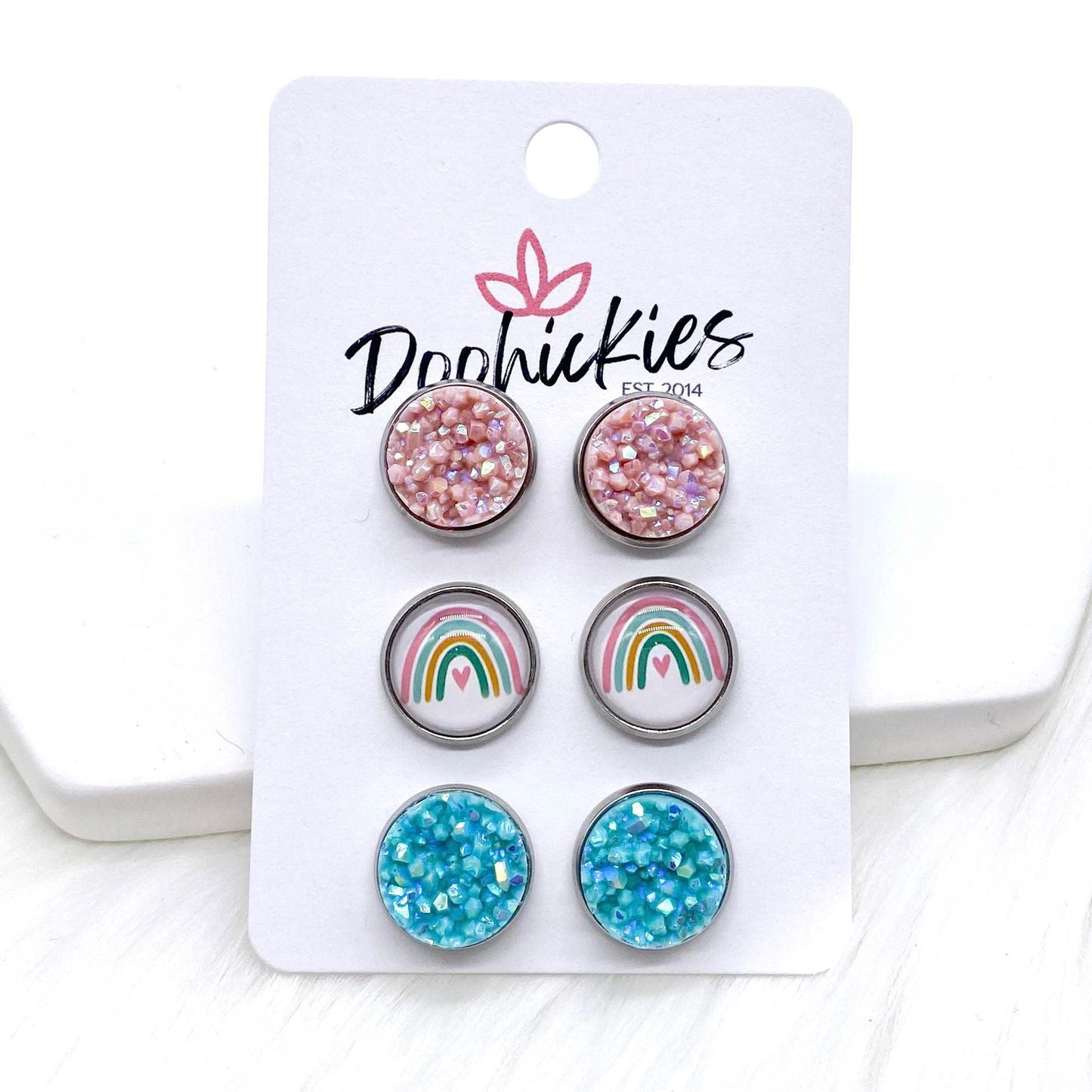 12mm Blush/Rainbows/Robin Egg in Stainless Steel Settings -Earrings by Doohickies Wholesale