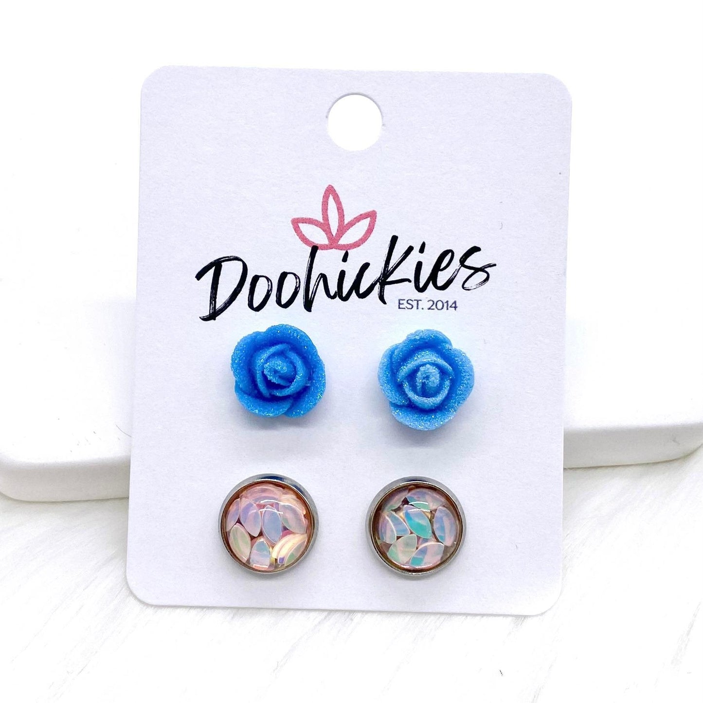 10mm Tiny Glitter Roses & Petal Duos -Earrings by Doohickies Wholesale