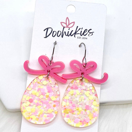 1.75" Pink Bow & Confetti Easter Egg Acrylics -Earrings by Doohickies Wholesale