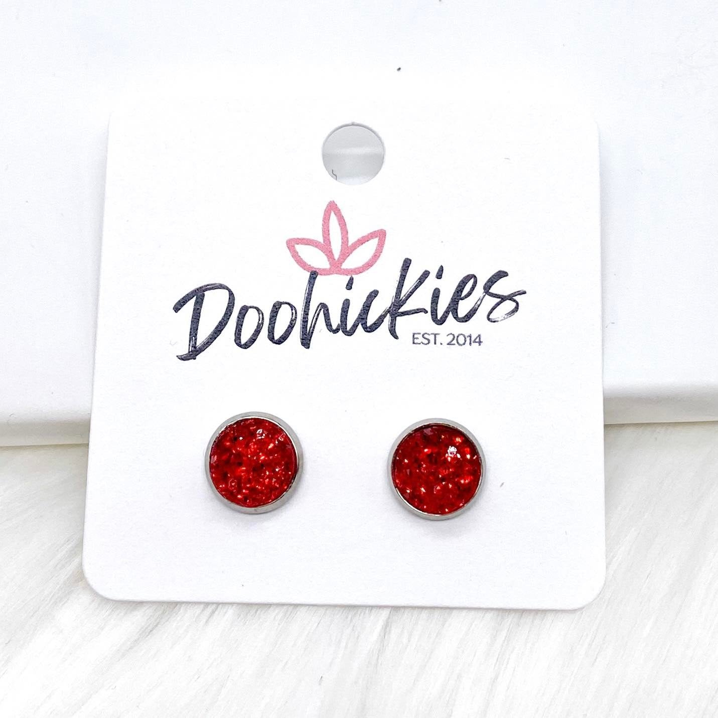 Red Sparkle Singles in Stainless Steel Settings -Earrings by Doohickies Wholesale