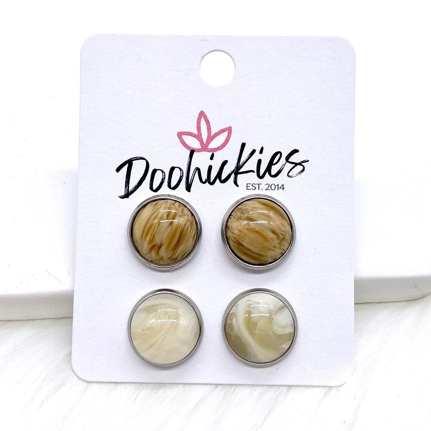 12mm Glossy Wood & Cream Swirl in Stainless Steel Settings -Earrings by Doohickies Wholesale