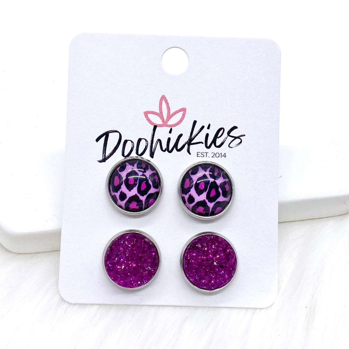 12mm Fuchsia Leopard & Fuchsia Sparkles in Stainless Steel Settings -Earrings by Doohickies Wholesale