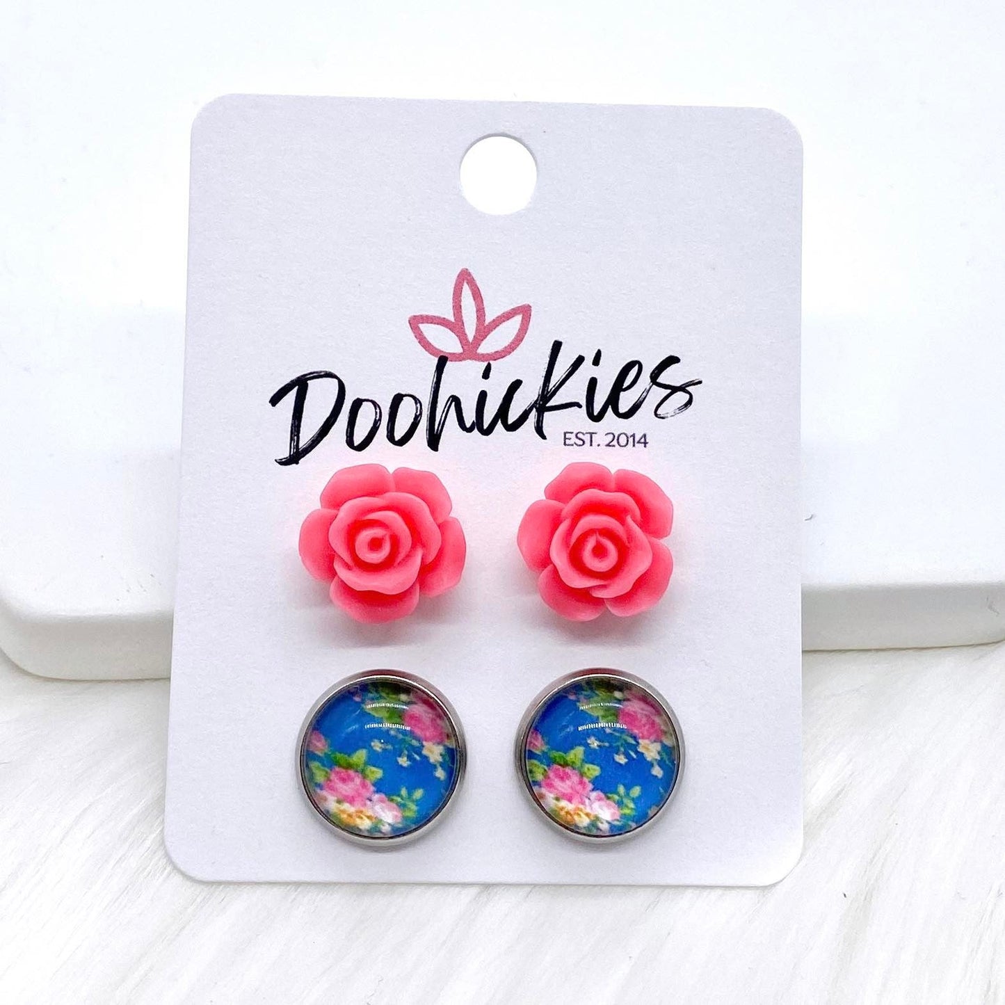 12mm Hot Pink Roses & Roses on Sky Blue in Stainless Steel Settings -Earrings by Doohickies Wholesale