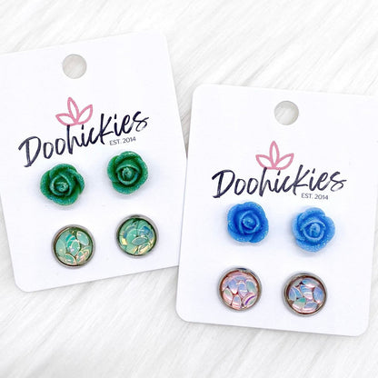 10mm Tiny Glitter Roses & Petal Duos -Earrings by Doohickies Wholesale