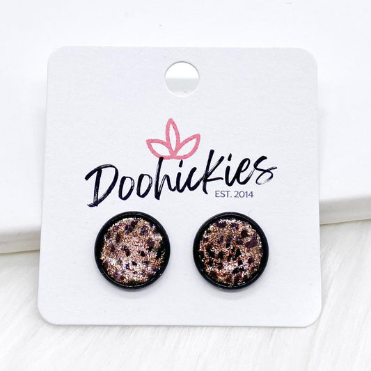 12mm Iridescent Leopard Jewels in Black Settings -Earrings by Doohickies Wholesale