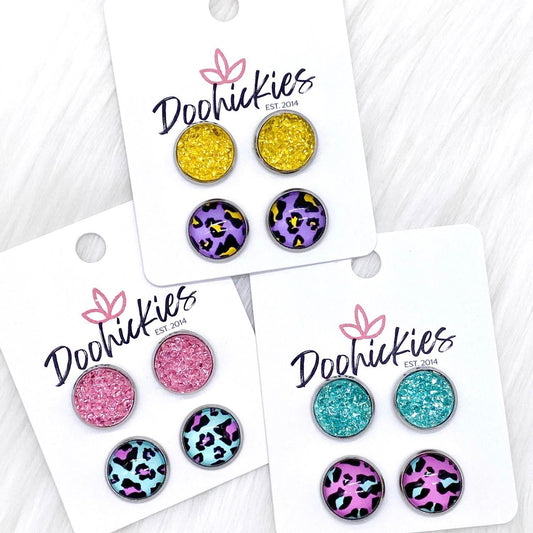 12mm Neon Leopard Duos in Stainless Steel Settings -Summer Earrings by Doohickies Wholesale