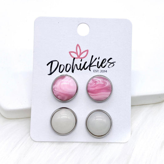 12mm Pink Swirl & Pearl in Stainless Steel Settings -Earrings by Doohickies Wholesale