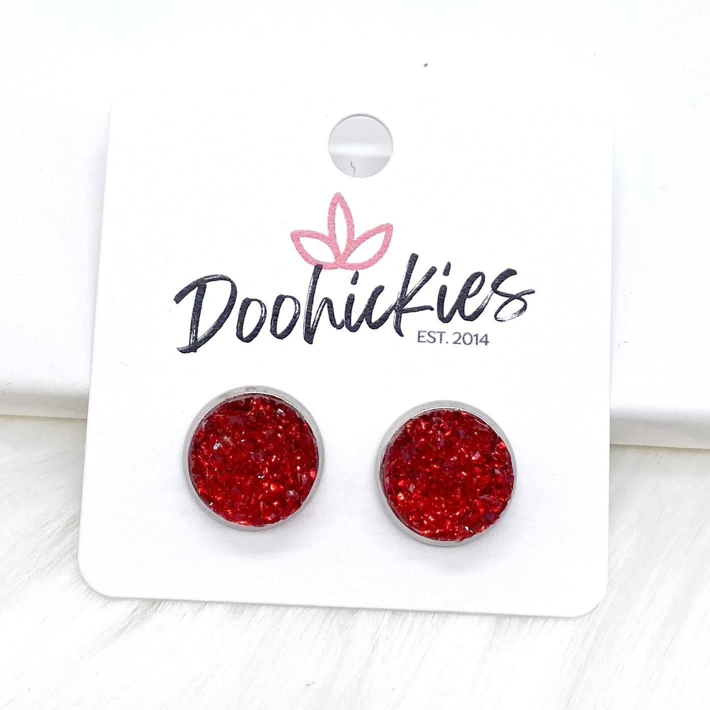 Red Sparkle Singles in Stainless Steel Settings -Earrings by Doohickies Wholesale