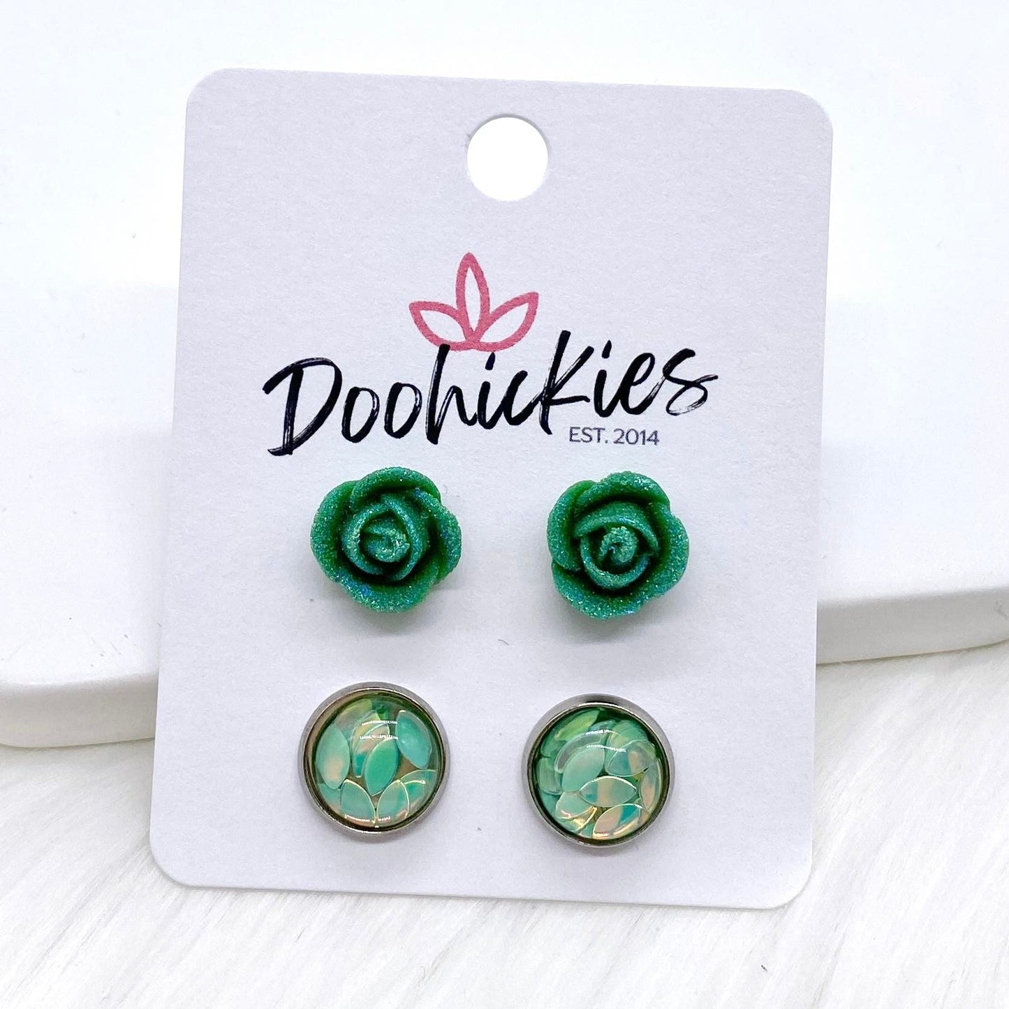 10mm Tiny Glitter Roses & Petal Duos -Earrings by Doohickies Wholesale