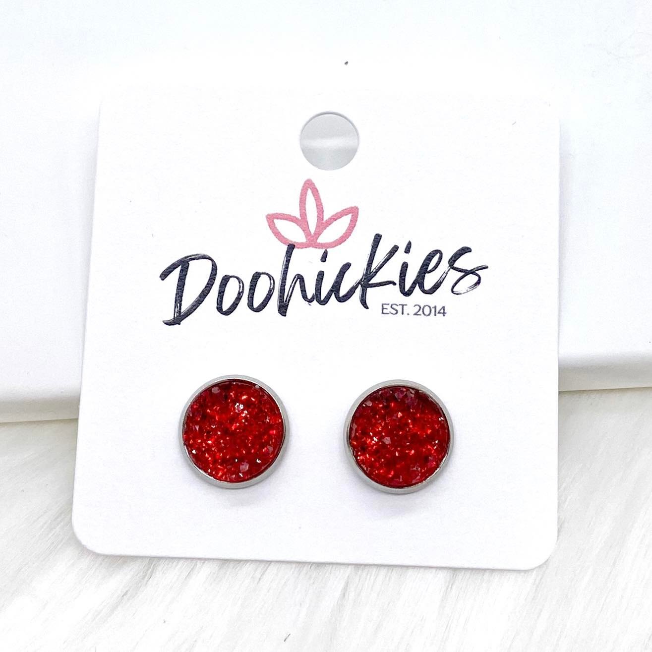 Red Sparkle Singles in Stainless Steel Settings -Earrings by Doohickies Wholesale