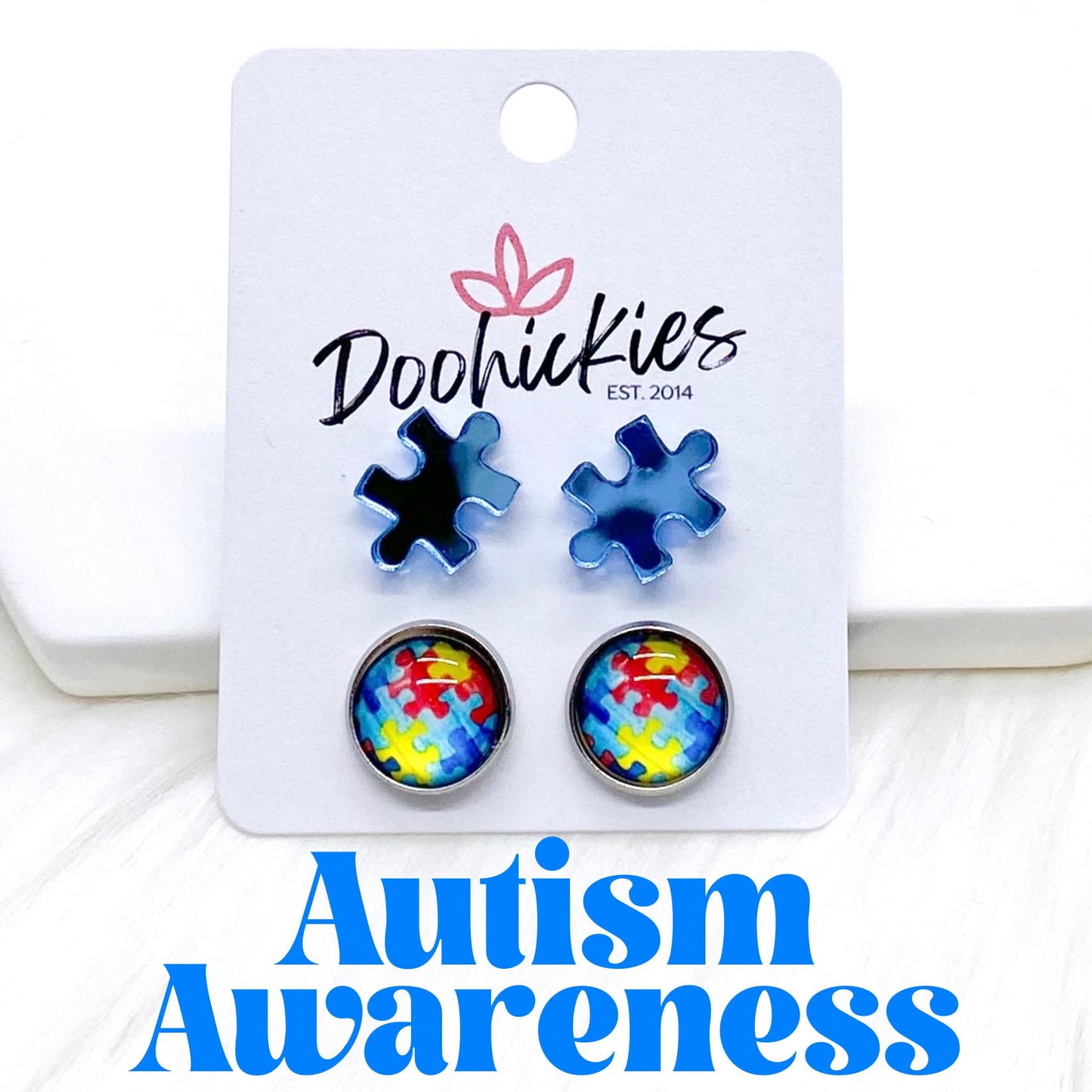 12mm Mirror Puzzle & Autism Awareness in Stainless Steel Settings by Doohickies Wholesale