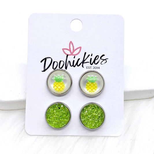 12mm Pineapples & Pear Green Sparkles in Stainless Steel Settings -Earrings by Doohickies Wholesale