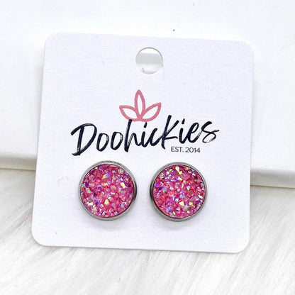 12mm AB Pink Sparkle Singles in Stainless Steel Settings -Earrings by Doohickies Wholesale