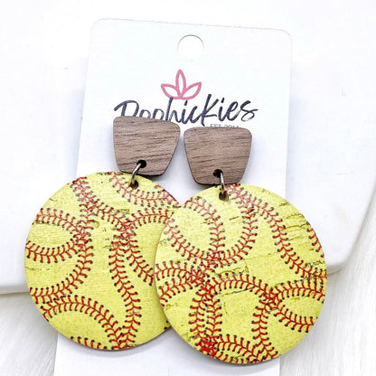 2" Walnut & Baseball/Softball Piggyback Corkies -Sports Earrings by Doohickies Wholesale