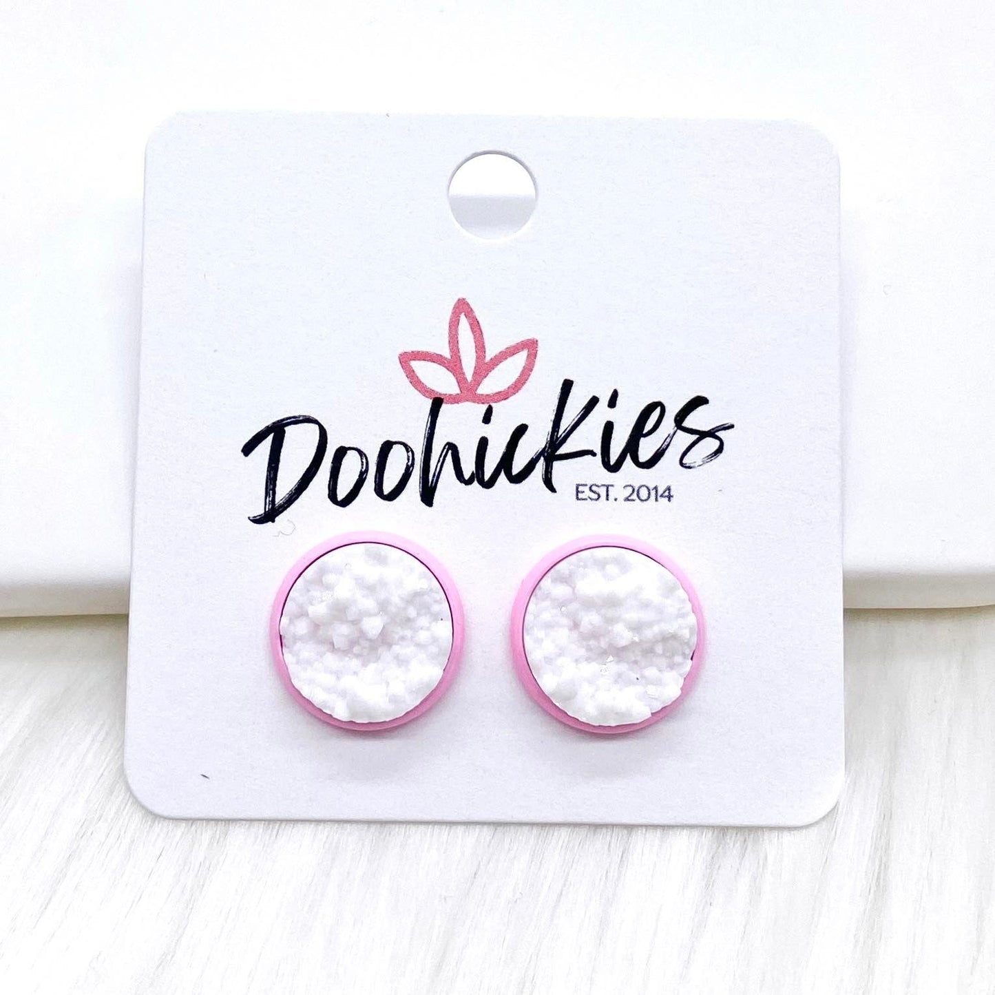 12mm Everyday Studs in Bright Pink Settings -Earrings by Doohickies Wholesale