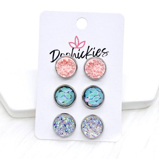 12mm Pink Crystals/Blue Petals/Crystal in Stainless Steel Settings -Earrings by Doohickies Wholesale