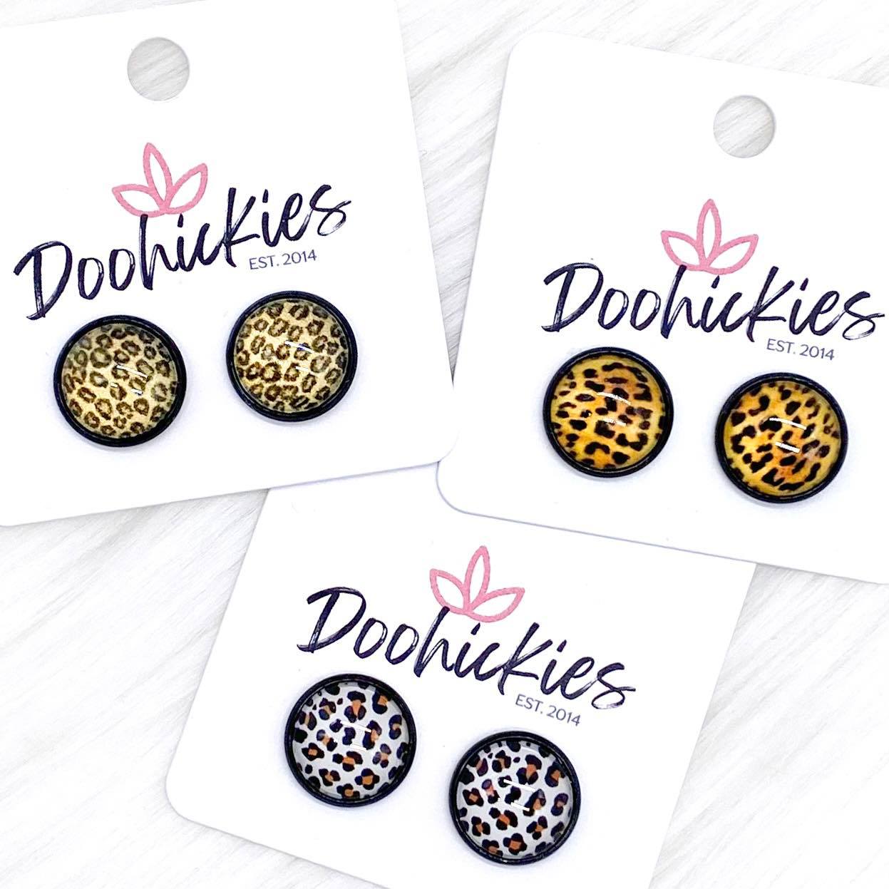 12mm Jungle Cat Singles in Black Settings -Earrings by Doohickies Wholesale