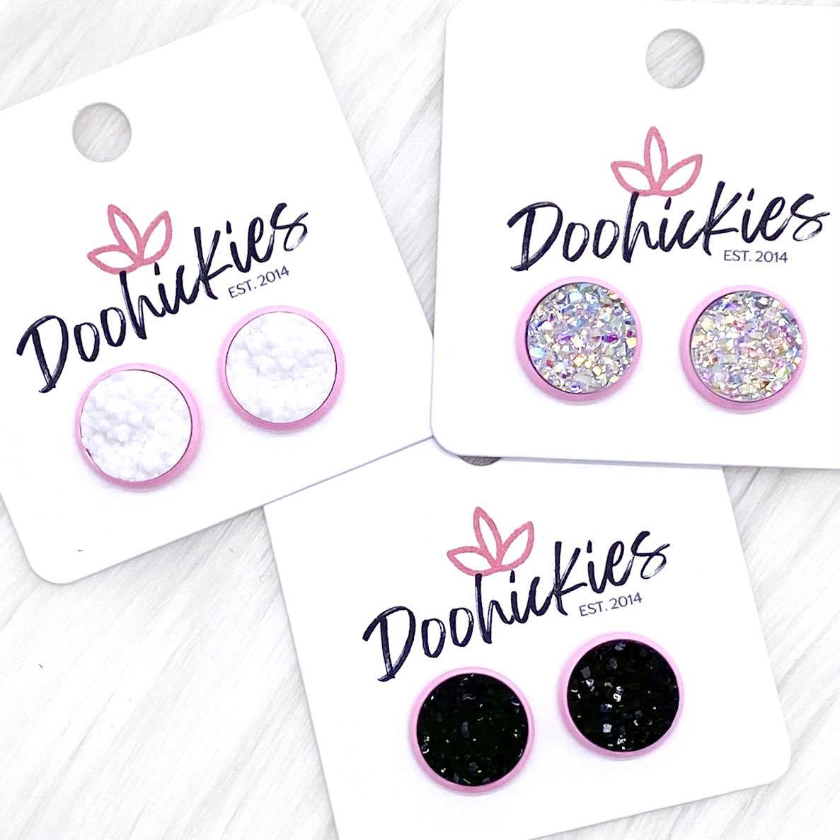 12mm Everyday Studs in Bright Pink Settings -Earrings by Doohickies Wholesale