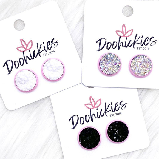 12mm Everyday Studs in Bright Pink Settings -Earrings by Doohickies Wholesale