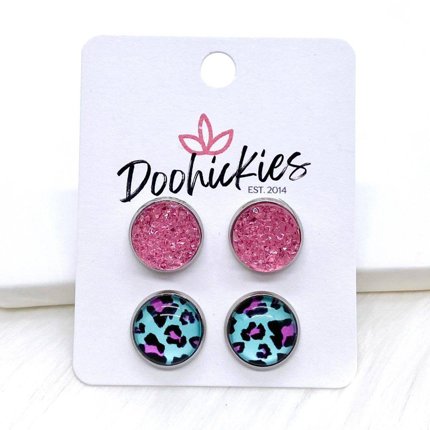 12mm Neon Leopard Duos in Stainless Steel Settings -Summer Earrings by Doohickies Wholesale