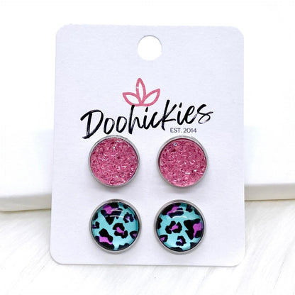 12mm Neon Leopard Duos in Stainless Steel Settings -Summer Earrings by Doohickies Wholesale