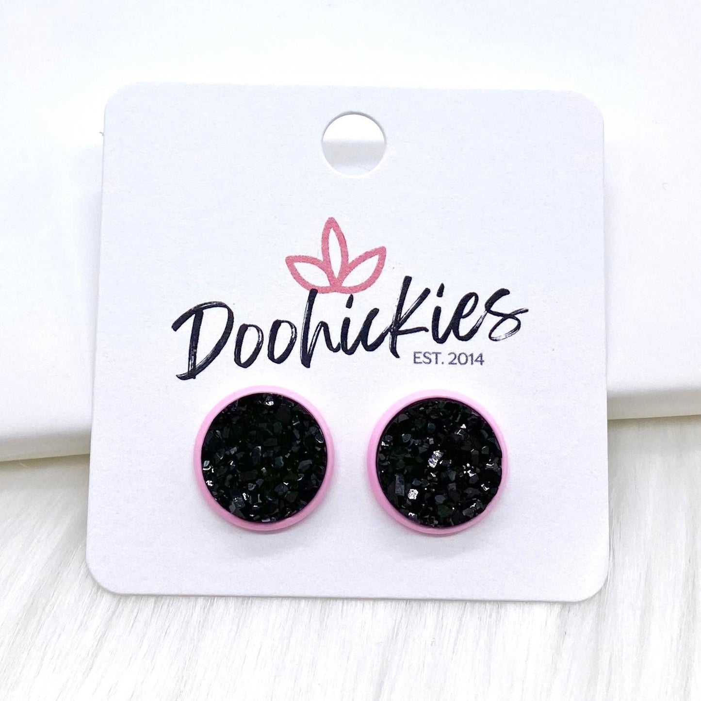 12mm Everyday Studs in Bright Pink Settings -Earrings by Doohickies Wholesale