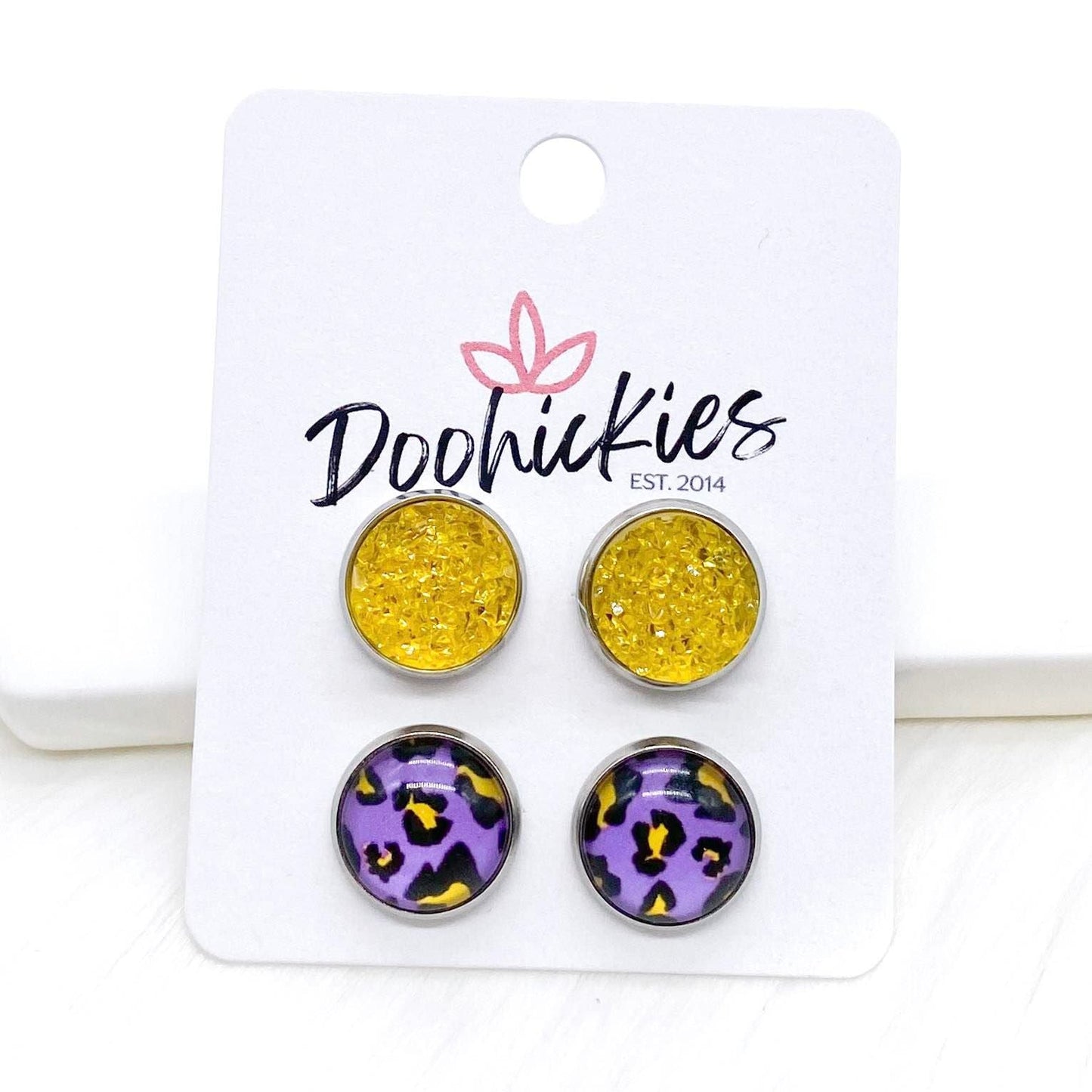 12mm Neon Leopard Duos in Stainless Steel Settings -Summer Earrings by Doohickies Wholesale