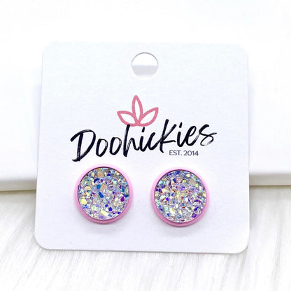 12mm Everyday Studs in Bright Pink Settings -Earrings by Doohickies Wholesale