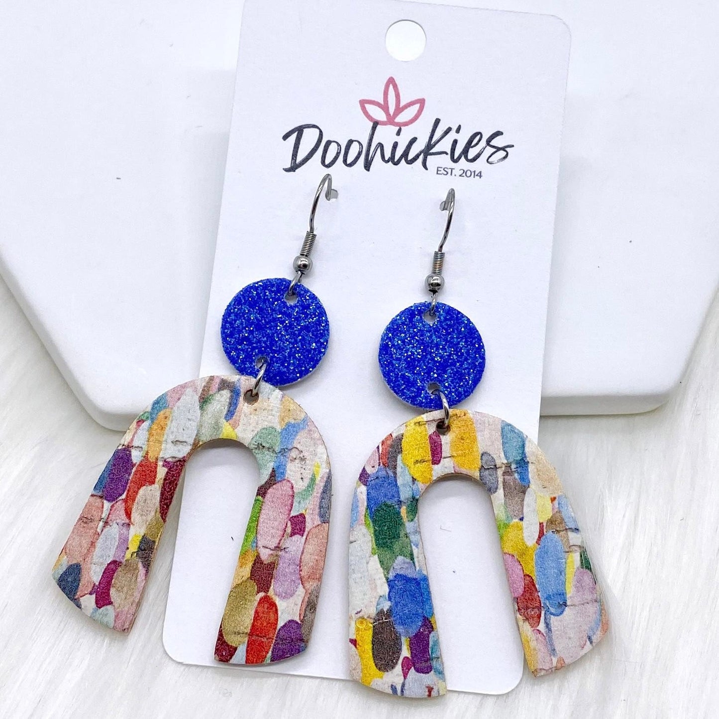 2.5" Blue Glitter & Mexican Confetti Rainbow Corkies -Earrings by Doohickies Wholesale