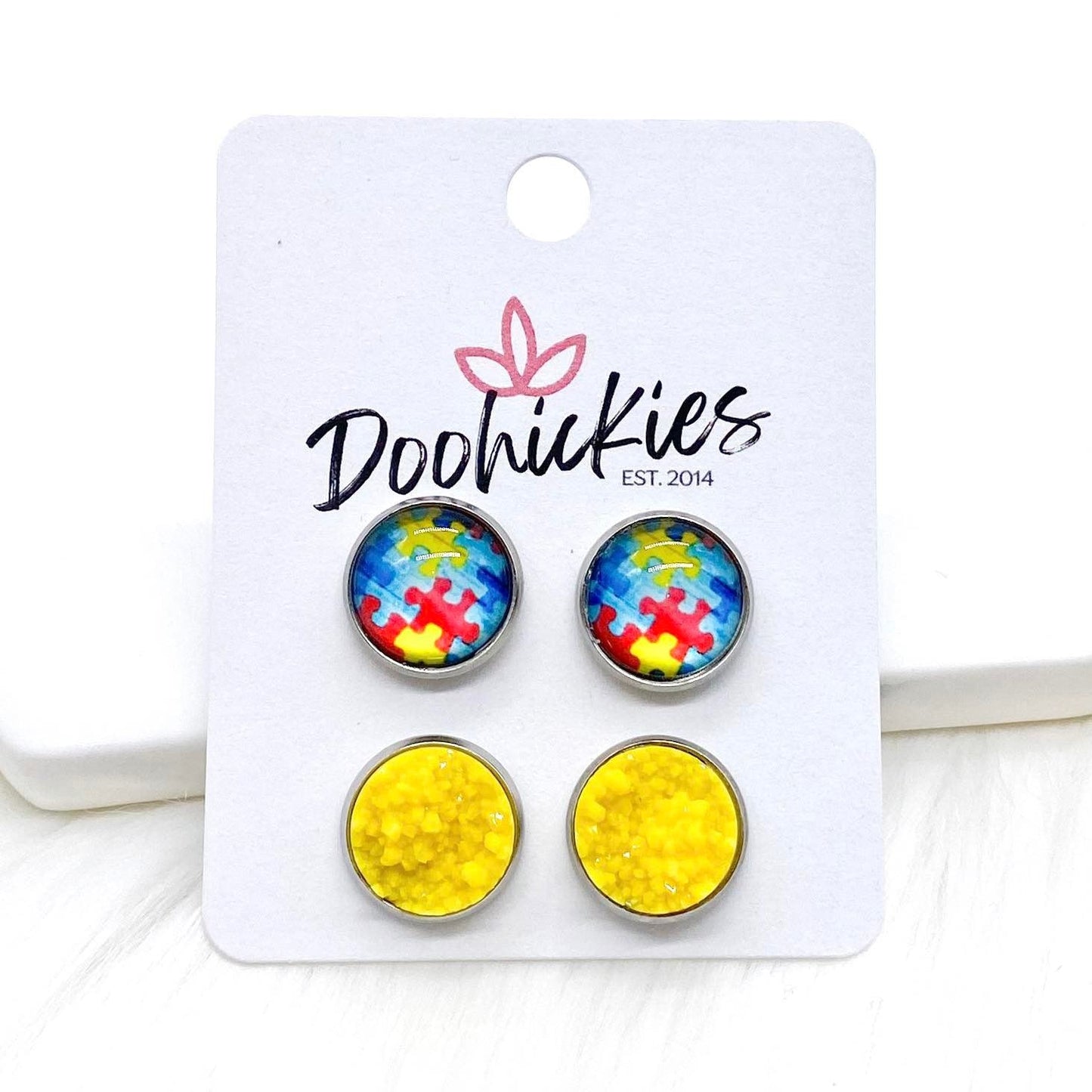 12mm Autism Awareness & Sunshine in Stainless Steel Settings by Doohickies Wholesale