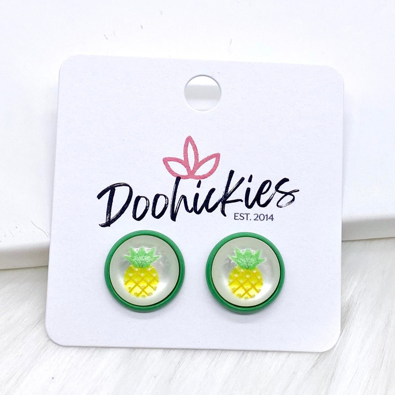 12mm Pineapples in Green Settings -Summer Earrings by Doohickies Wholesale