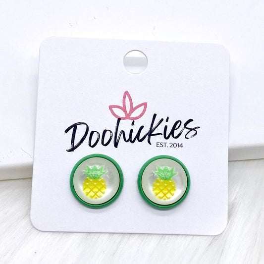 12mm Pineapples in Green Settings -Summer Earrings by Doohickies Wholesale