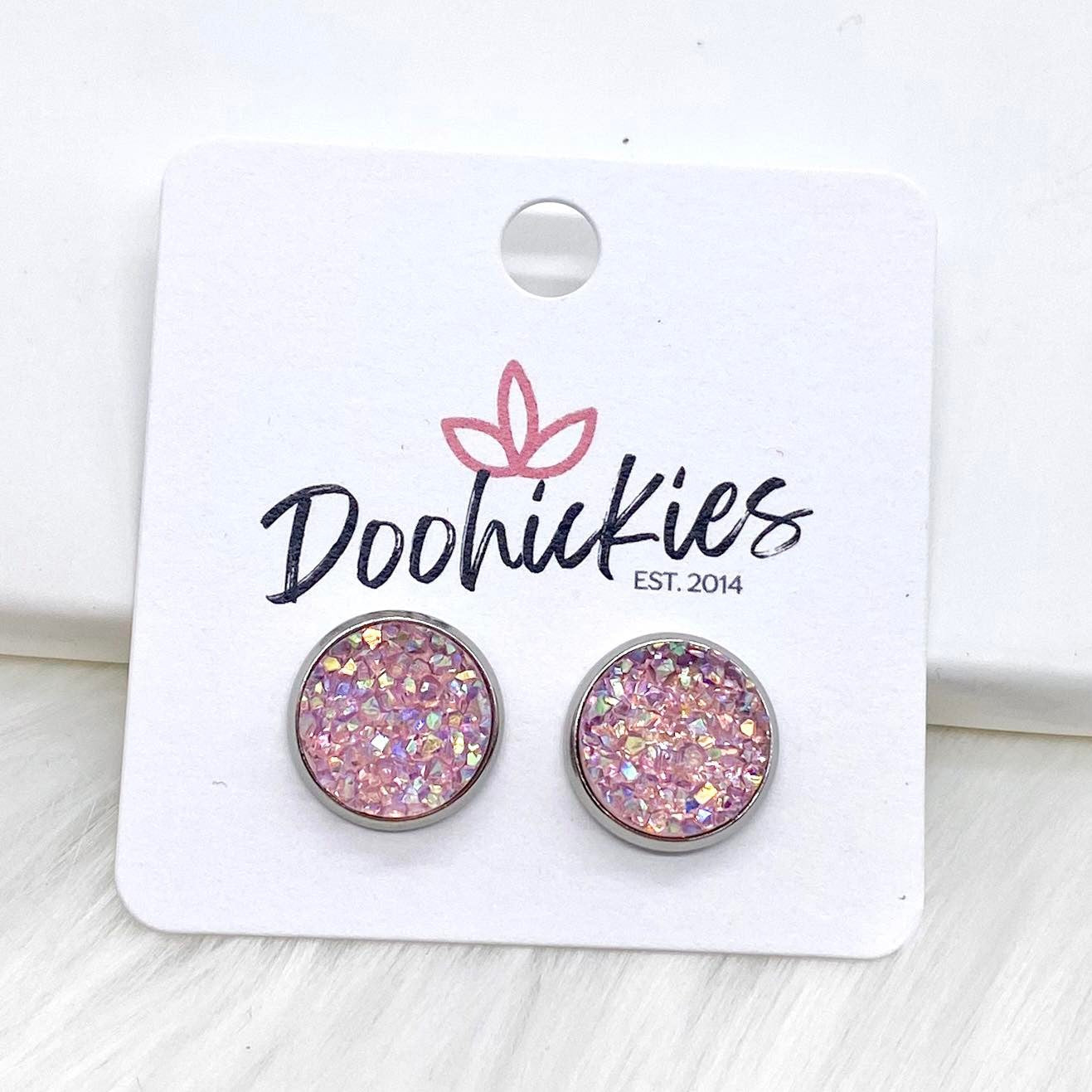 12mm AB Pink Sparkle Singles in Stainless Steel Settings -Earrings by Doohickies Wholesale