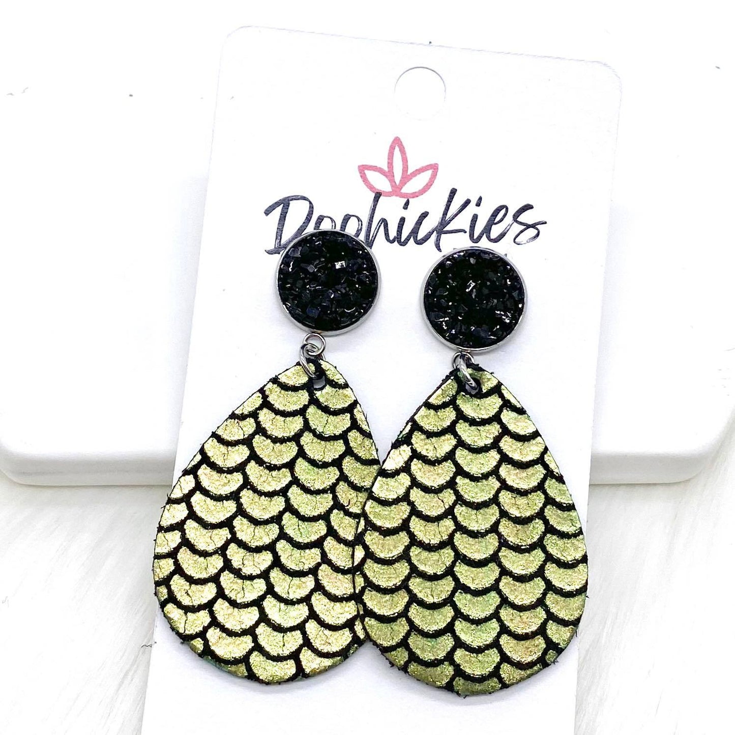 2" Black & Green Mermaid Scales Dangle -Earrings by Doohickies Wholesale