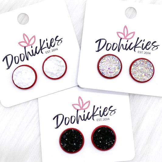 12mm Everyday Studs in Red Settings -Earrings by Doohickies Wholesale