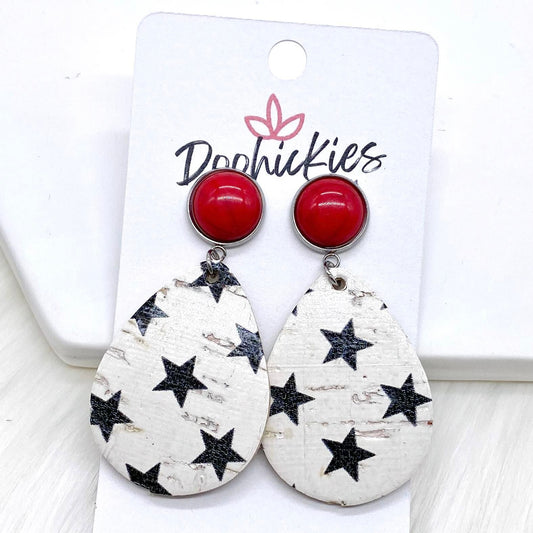 2" Red Turquoise & Black Star Dangle Corkies -Patriotic Earrings by Doohickies Wholesale