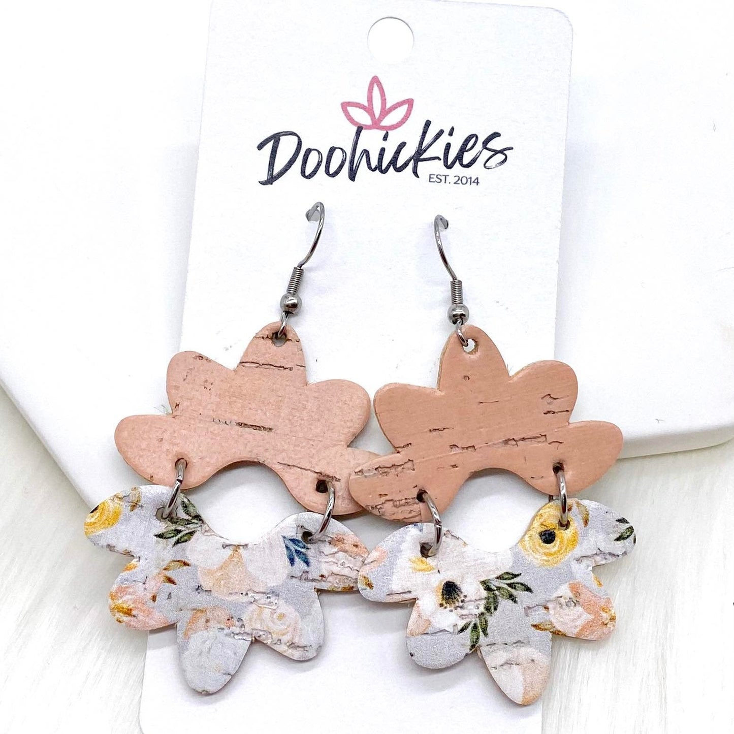 2.5" Pastel Peach & Painted Floral Cork Blossoms -Earrings by Doohickies Wholesale