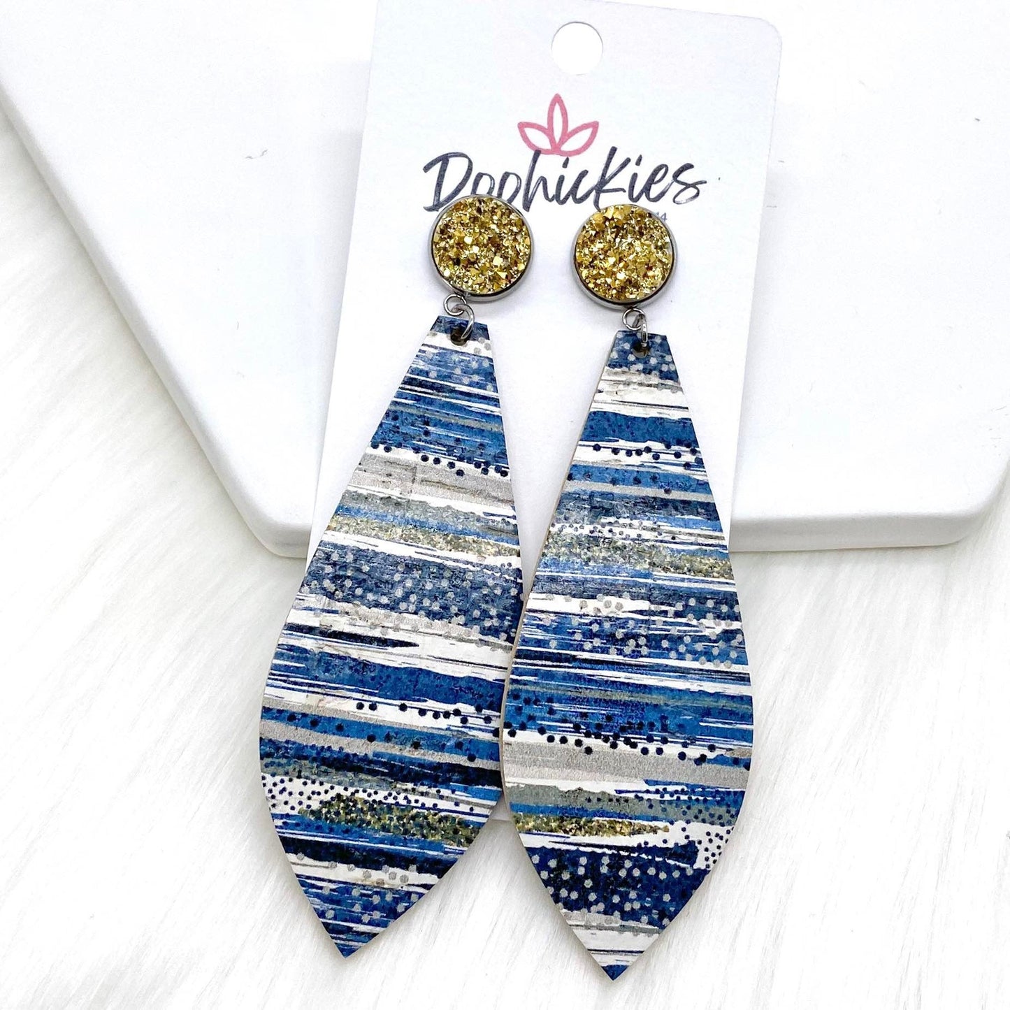 3" Gold & Gold/Navy Striped Long Dangle Corkies -Earrings by Doohickies Wholesale