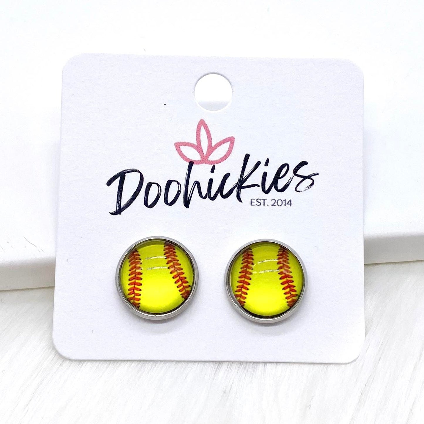 New Softballs in Stainless Steel Settings -Sports Earrings by Doohickies Wholesale