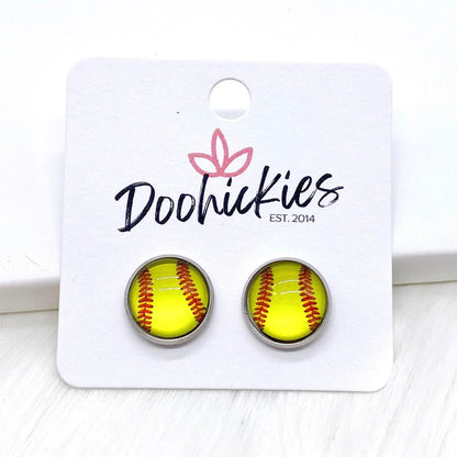 New Softballs in Stainless Steel Settings -Sports Earrings by Doohickies Wholesale