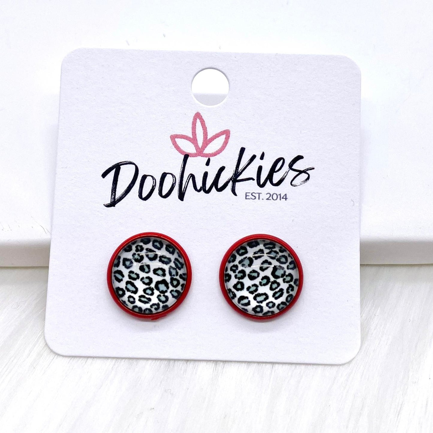 12mm Leopard Singles in Red Settings -Earrings by Doohickies Wholesale