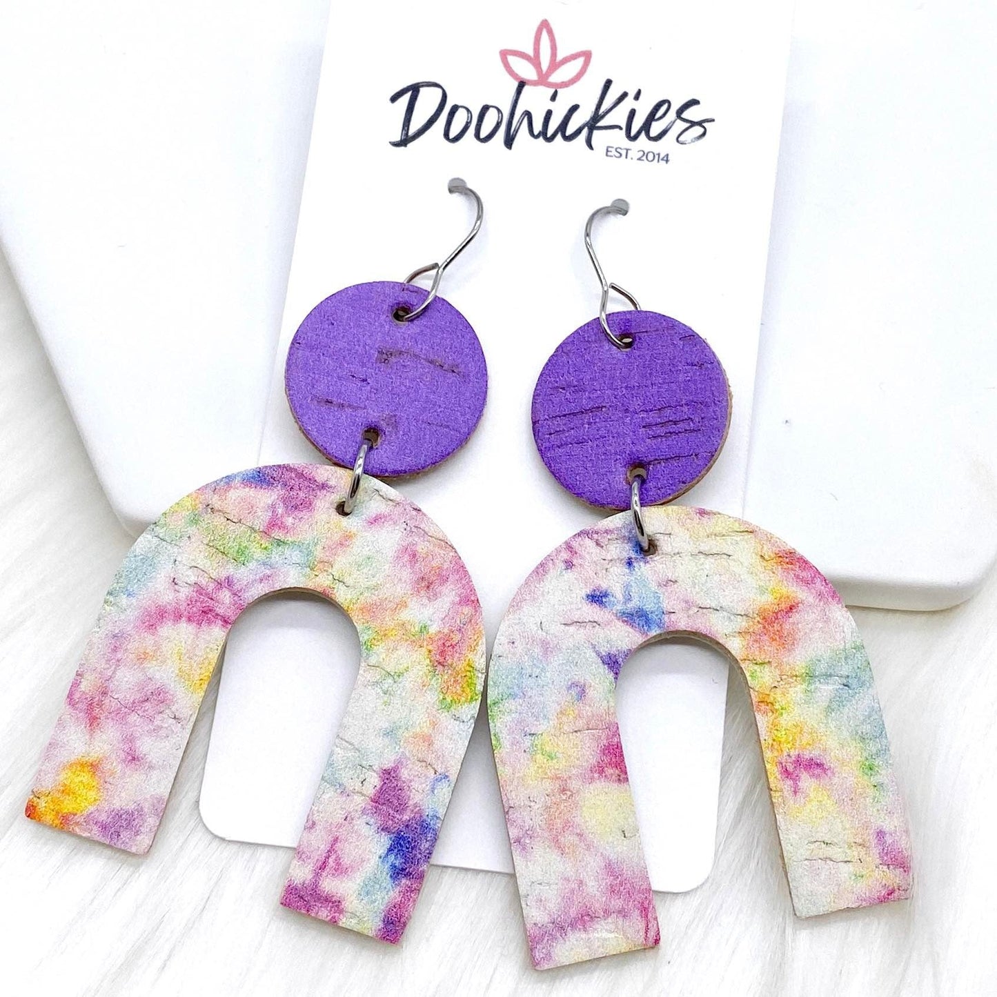 2.5" Purple & Pastel Tie Dye Rainbow Corkies -Earrings by Doohickies Wholesale