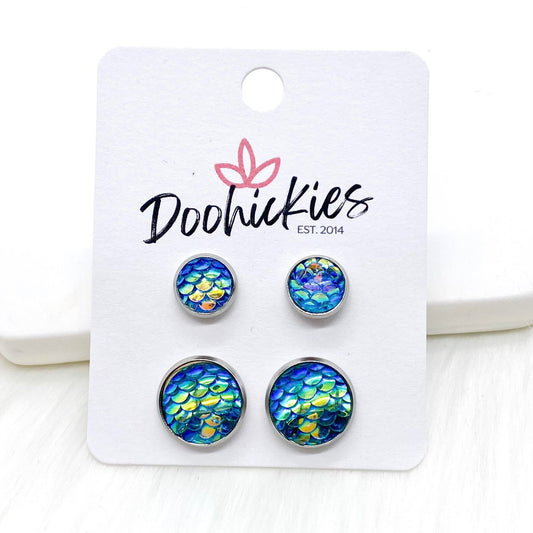 Aqua Blue Mermaid Mommy & Me in Stainless Steel Settings -Earrings by Doohickies Wholesale