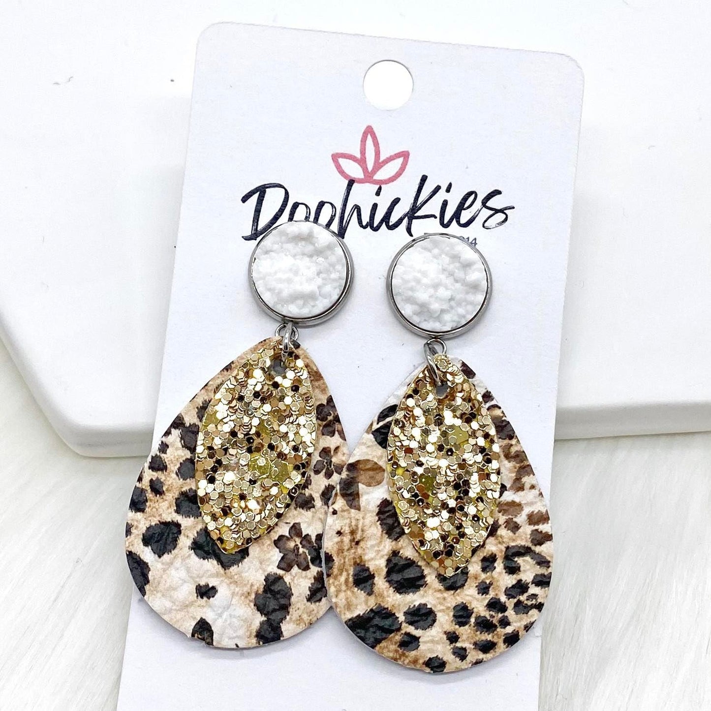 2" White & Bronze Glitter/Tan & Cream Leopard Layered Dangles -Earrings by Doohickies Wholesale